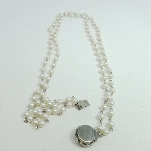 Vintage Two Strand Faux Pearl Necklace, White with Silver Tone Clasp, Classic - Picture 2 of 5